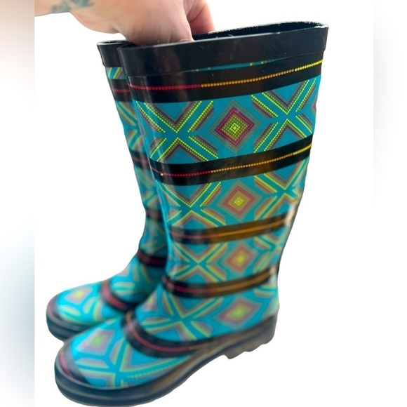 Sugar Aztec print multicolor high rain boots - Picture 1 of 5